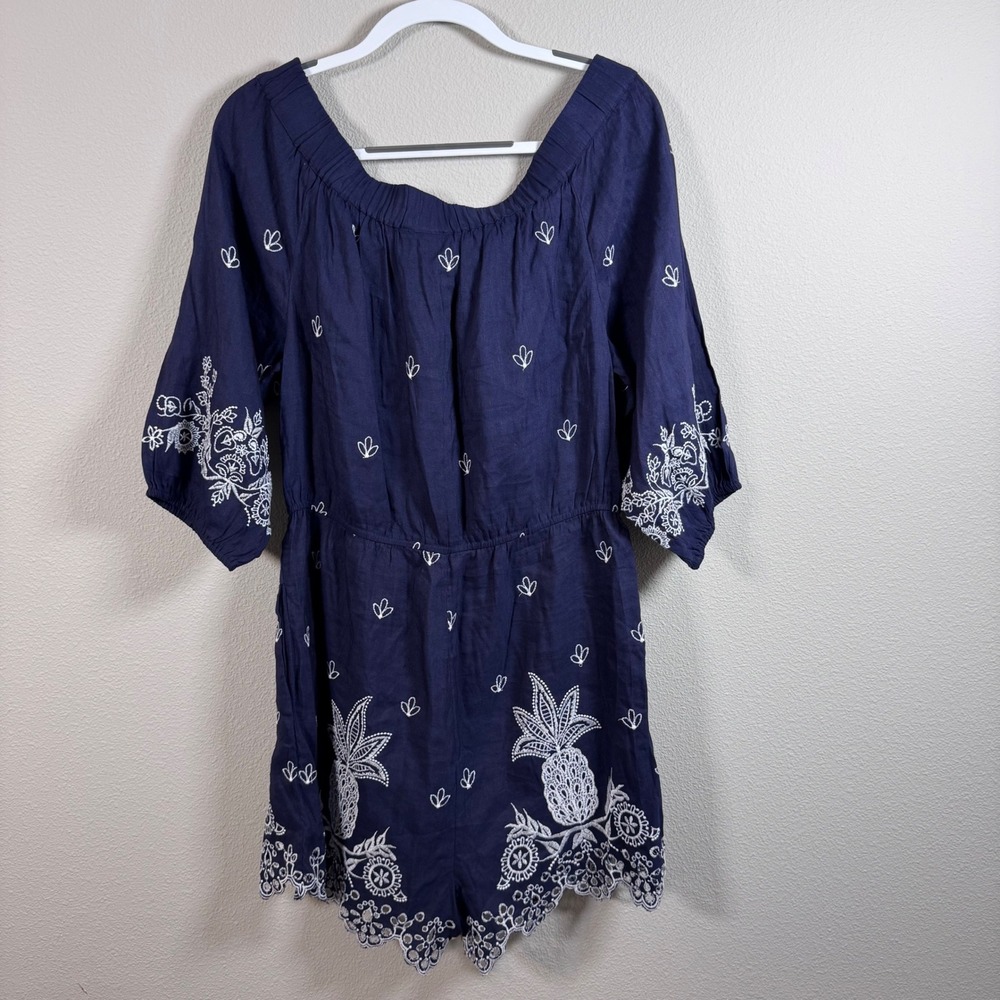 Farm Rio Anthropologie Jackie Navy Linen Pineapple Embroidered Romper Large NWT - Picture 3 of 6